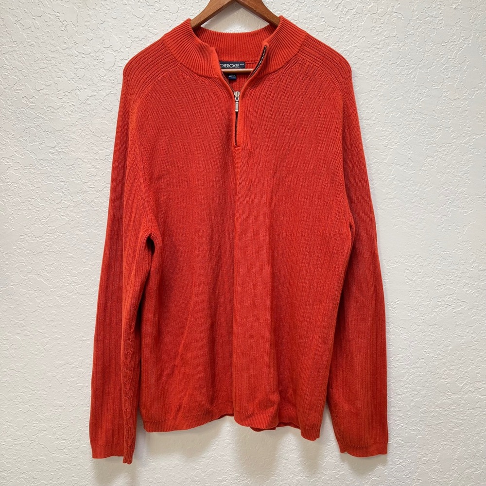 Cherokee Mens Burnt Orange 100% Cotton Ribbed Quarter Zip Sweater Large Pullover